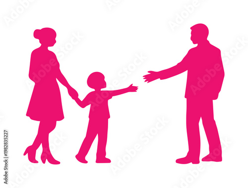 Family separation vector illustration, a child reaching for a parent, symbolizing divorce, custody battles, and broken homes. Pink silhouette graphic for social issues and legal contexts.