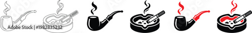 Smoking Pipe and Ashtray with Cigarette Vector Icons Set in Outline Silhouette and Colored Styles