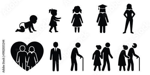 Human life cycle silhouettes, female aging process from baby to elderly woman, set of 10 vector icons showing growth stages and family