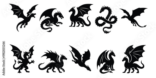 Mythical dragon silhouette collection, set of 10 black fantasy creature icons, flying and standing dragon vector graphics for gaming and heraldry