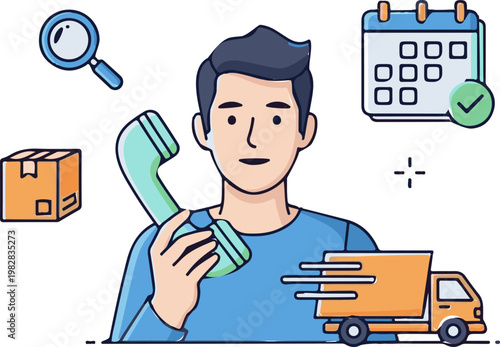 A friendly customer service agent holds a telephone receiver while managing shipping logistics and daily calendar delivery schedules