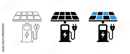 Solar Energy EV Charging Station Vector Icon Set with Electric Vehicle Plug and Sun Panel Concept