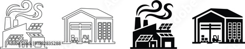 Industrial Factory and Warehouse Vector Icon Set with Solar Panels and Logistics Equipment