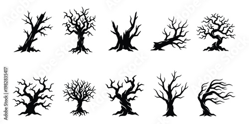 Spooky dead tree silhouettes, set of 10 leafless gnarled tree vectors, creepy black forest branches for Halloween design and horror landscapes