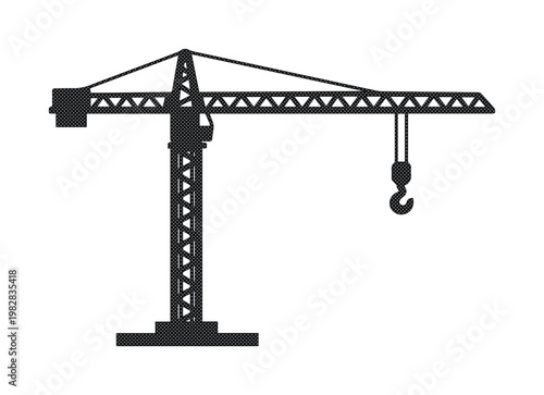 Industrial construction crane silhouette, heavy lifting machinery vector illustration. Building site equipment, engineering and development symbol, black and white graphic asset.