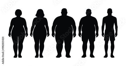 Human body type silhouettes, diverse male and female figures illustrating different body shapes and sizes, health and wellness vector collection for medical or fitness design.