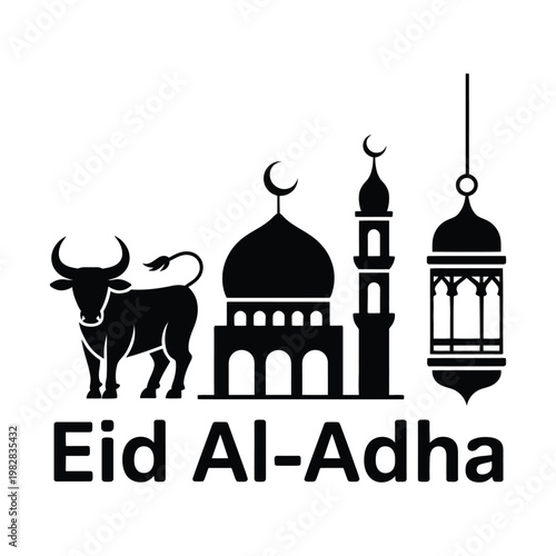 Eid AlAdha celebration illustration with mosque and cow, vector illustration