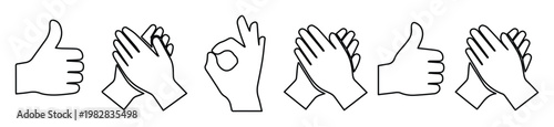 Hand gesture vector icons, a collection of six line art symbols. Thumbs up, clapping hands, and OK sign for social media, feedback, and communication design.