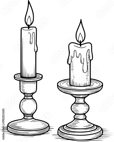 Vintage style candles with dripping wax, burning brightly in ornate candlesticks, line