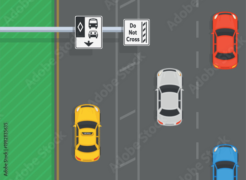 Traffic regulation rules and tips. Top view of a traffic flow on road. HOV lane and do not cross a buffer zone traffic sign area. Flat vector illustration template.