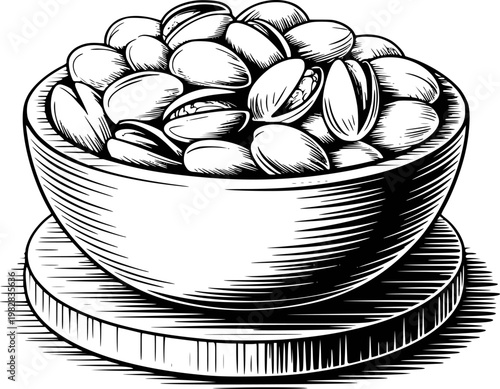 Vintage woodcut of a bowl overflowing with pistachios a white background, nuts food