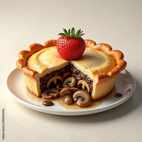 half-baked mushroom pie with strawberry on top on it on a plate. Toppin with mayonnaise fall from inside to the plate  