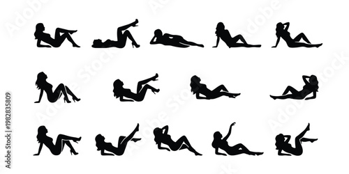 Seductive woman silhouette collection, set of 14 female pin-up poses in black vector format, elegant lady reclining and sitting figures