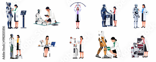 Collection of professional women roboticists and engineers developing high-tech robots, androids, and automated machinery in research labs.