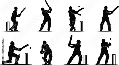 Cricket players in action a silhouette series of batting and fielding