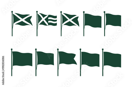 Green flag vector set, a collection of 10 waving flags on poles, various shapes and designs, ideal for golf course markers, nautical signals, or event signage, isolated on white.