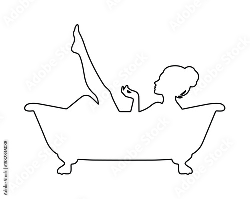 Elegant woman bathing in a classic clawfoot bathtub, minimalist line art vector illustration, ideal for beauty, spa, and relaxation designs.