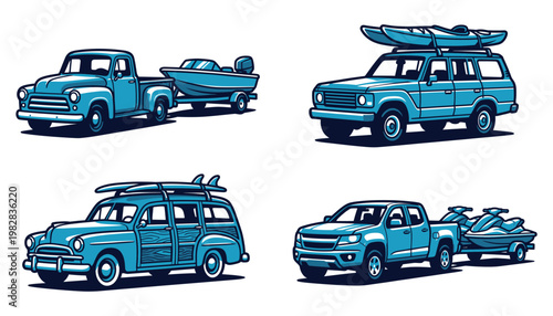 Blue vintage adventure vehicles set with boats and kayaks for summer travel leisure.eps