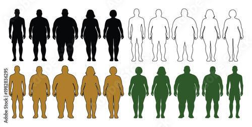 Human body mass index vector set, diverse male and female silhouettes illustrating BMI categories, healthy weight to obesity, for health and wellness infographics.