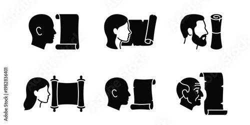 Historical genealogy icons set, black silhouette profile heads with ancient paper scrolls, 6 vector elements for ancestry and heritage research