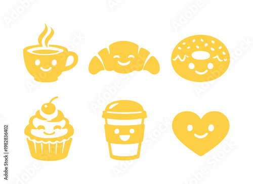 Cute yellow breakfast food and drink icons, adorable kawaii-style coffee, croissant, donut, cupcake, and heart vector set, perfect for cheerful branding and menu designs.