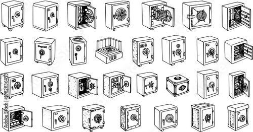 Black and White Line Art Illustration of Assorted Safes for Finance and Security Concepts