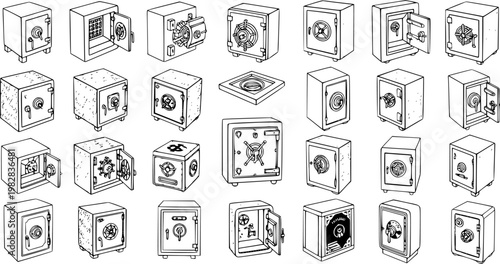Isometric Vintage Safes Sketch Collection - Hand-Drawn Line Art Set of Various Strongboxes and Security Vaults