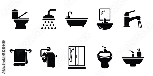 Bathroom icon set with 10 black vector elements, modern sanitary ware symbols, toilet and shower cabin silhouettes, plumbing fixtures for interior design