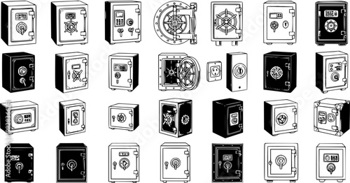 Black and White Line Art Collection of Various Safes and Vaults for Finance and Security Vector Icons