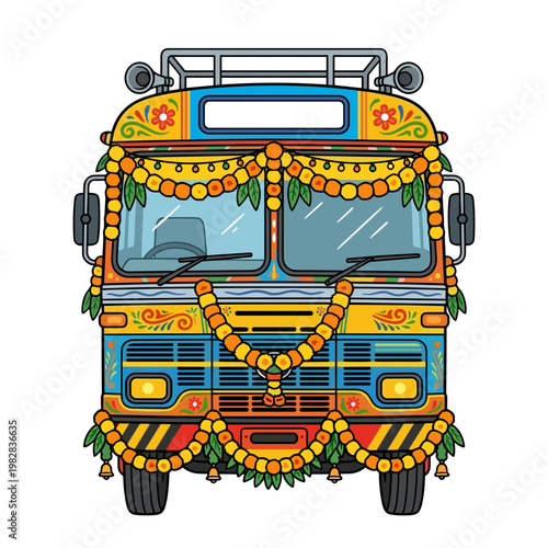 Decorated Indian Bus Cartoon Style Colorful Transport Illustration