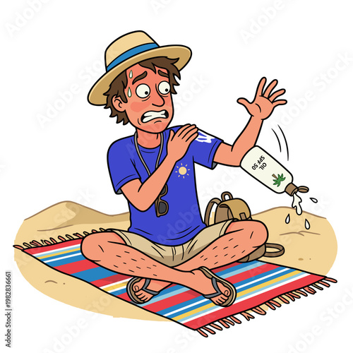 Sunburned Man Applying Sunscreen Cartoon Funny Summer Illustration