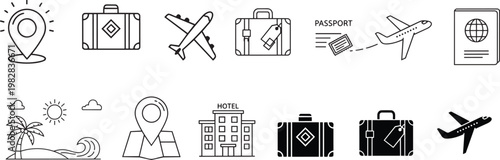 Collection of travel and vacation related icons depicting transportation and accommodation concepts