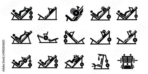 Leg press machine icons set, 15 gym equipment vector symbols, fitness workout line art, strength training leg day exercise illustrations