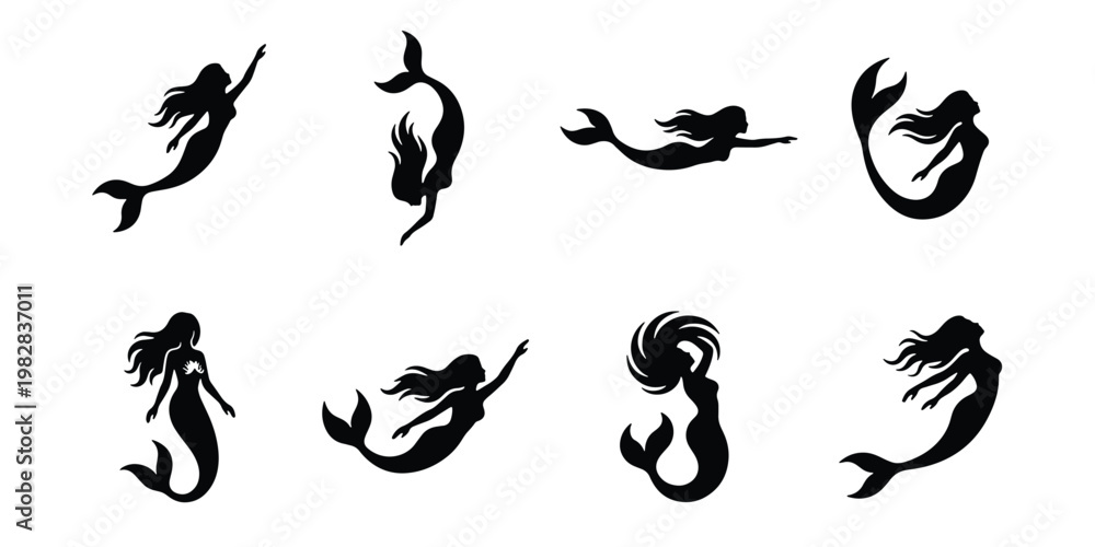 Fototapeta premium Mermaid silhouette collection, 8 black mythical sea creature icons, swimming mermaid vector set, fantasy ocean girl silhouettes for logo design