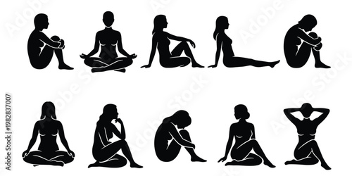 Minimalist woman silhouette set, 10 female figures in sitting and yoga poses, black vector icons of lady in meditation and relaxation positions