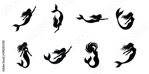 Mermaid silhouette collection, 8 black mythical sea creature icons, swimming mermaid vector set, fantasy ocean girl silhouettes for logo design