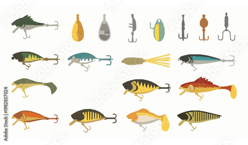 Fishing lure set flat vector bait wobblers hooks and fishery equipment collection