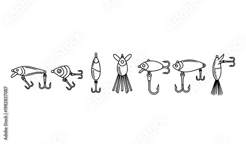 Fishing lures and hooks outline vector minimal line art fishery equipment set
