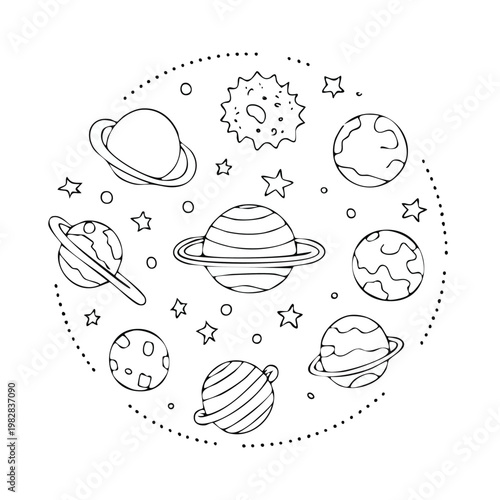 Black and white illustration of planets and stars in a circular arrangement