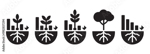 Plant growth and progress icons with roots.