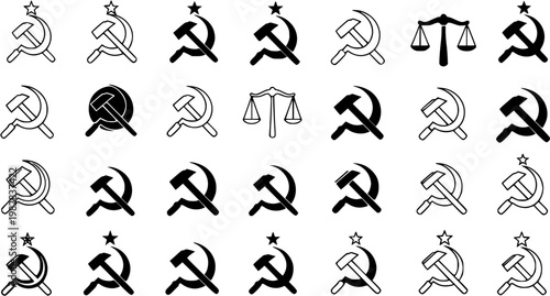 Collection of Hammer and Sickle Symbols with Stars and Scales of Justice Icons in Outline and Solid Styles Vector Graphics
