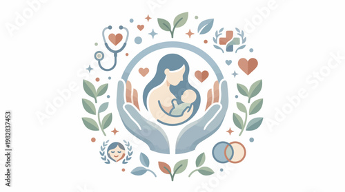 A vector illustration celebrating International Midwives Day with a mother and baby surrounded by leaves, hearts, and medical symbols in a circular composition with a mix of blue, green,