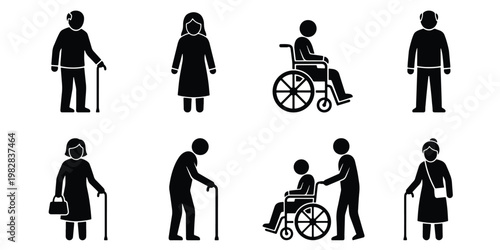 Elderly people icons set, senior citizens with walking sticks and wheelchairs, 8 black stick figure silhouettes of disabled and aged adults