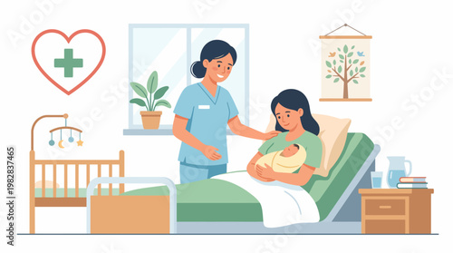 An illustration of a midwife providing maternal healthcare and support to a mother and newborn in a hospital maternity ward, celebrating International Midwives Day and World Midwife Day