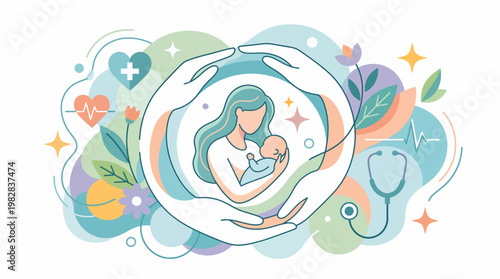 Illustration of a mother and newborn receiving care from a supportive midwife, celebrating International Midwives Day and World Midwife Day with a colorful, stylized design conveying