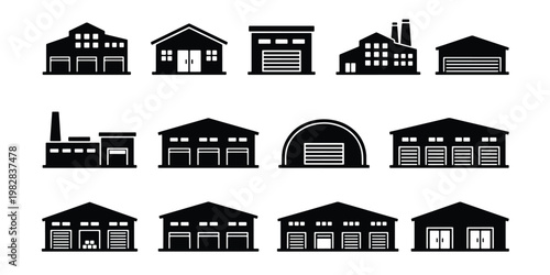 Industrial warehouse icons set, black factory building silhouettes, 14 vector storage facility symbols for logistics and manufacturing infographics