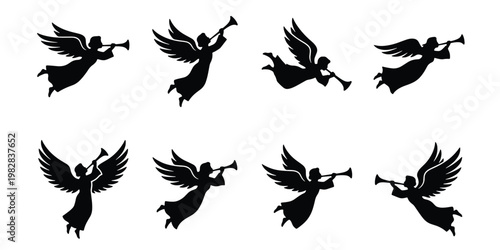 Photos Christmas angel silhouette collection, 8 flying angels with trumpets vector set,
