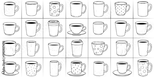 Hand-drawn Outline Coffee and Tea Cups and Mugs Collection. A Variety of Sketch Doodle Drinkware Illustrations for Cafe, Kitchen, and Beverage Design.