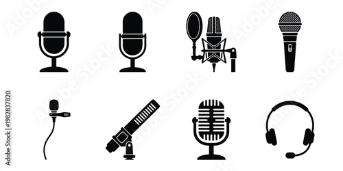 Professional microphone icon set, black podcast equipment silhouettes, collection of 8 audio recording tools and studio headset vector graphics