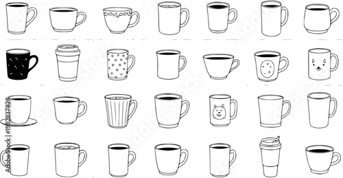 Detailed collection of 28 hand-drawn doodle style outline coffee mugs and tea cups with various designs, isolated on white background, vector illustration.